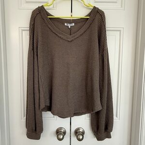 Cozy Olive Brown Waffle Knit Peasant sleeve Sweater NWT